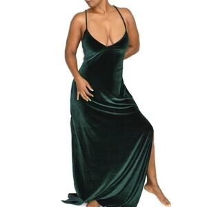 NBD Velvet Slip Dress Green Maxi High Side Slits Low Back In The Deep Size XL